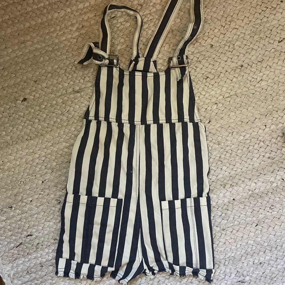 Blue and white striped overalls